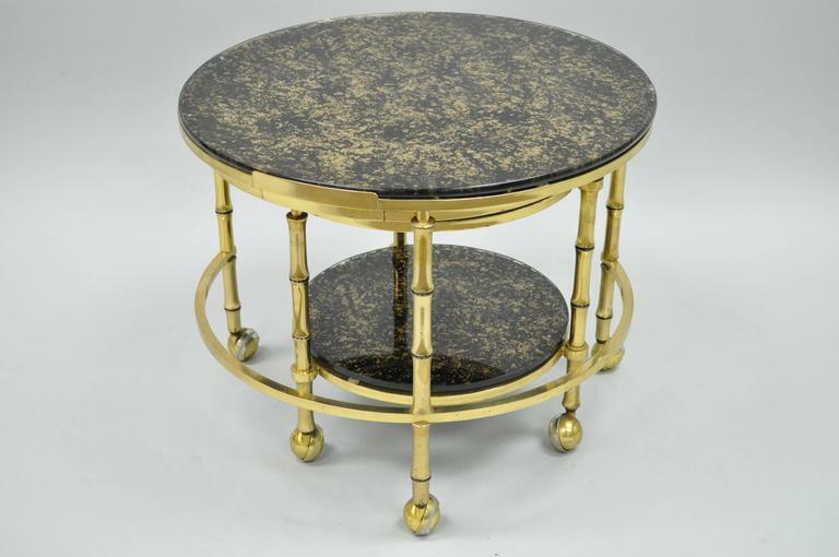 Hollywood Regency Brass & Glass Faux Bamboo Round Nesting Side Coffee Table