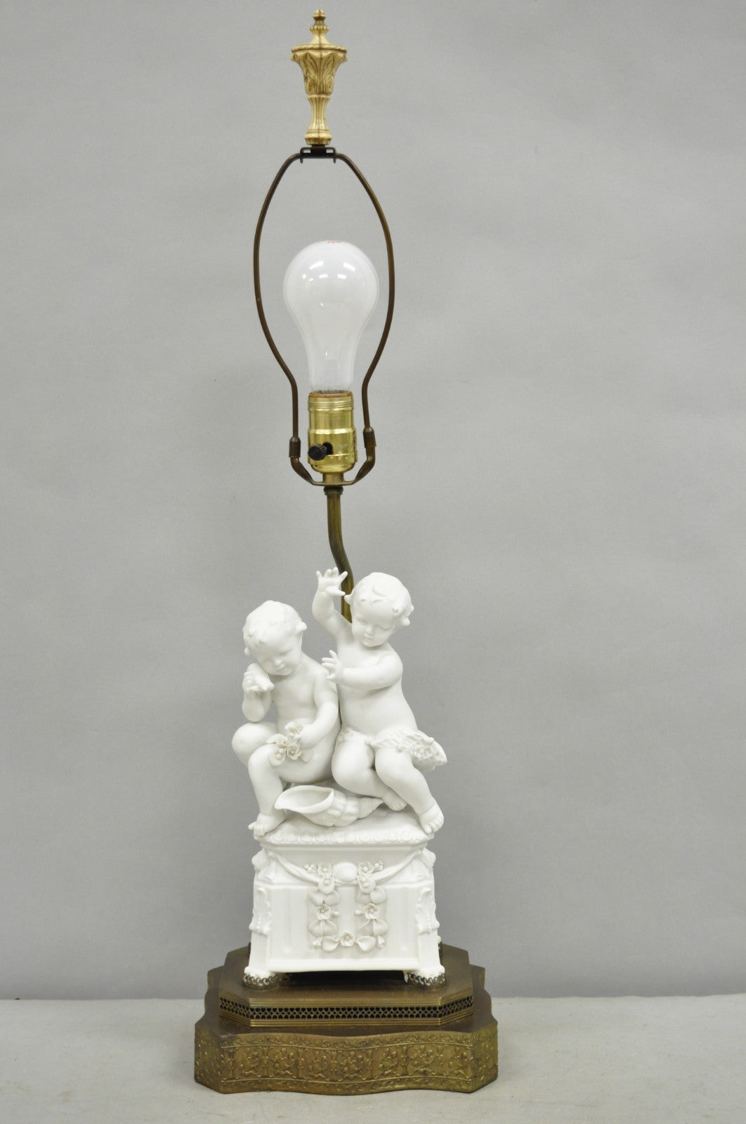 Antique French Parian Bisque Porcelain White Double Cherub & Shell Table Lamp