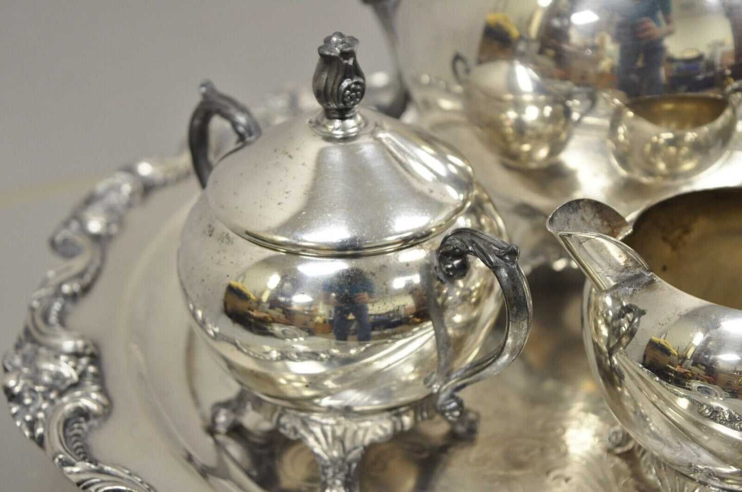 Vintage Silver Plate FB Rogers Tea Set Amston Round Serving Tray Platter