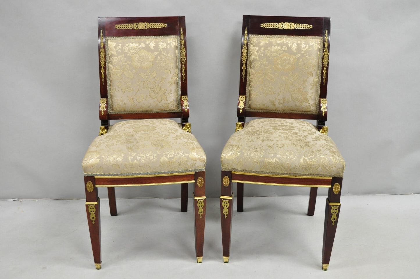 Vintage French Empire Mahogany Side Chairs with Bronze "Sphinx" Ormolu - a Pair