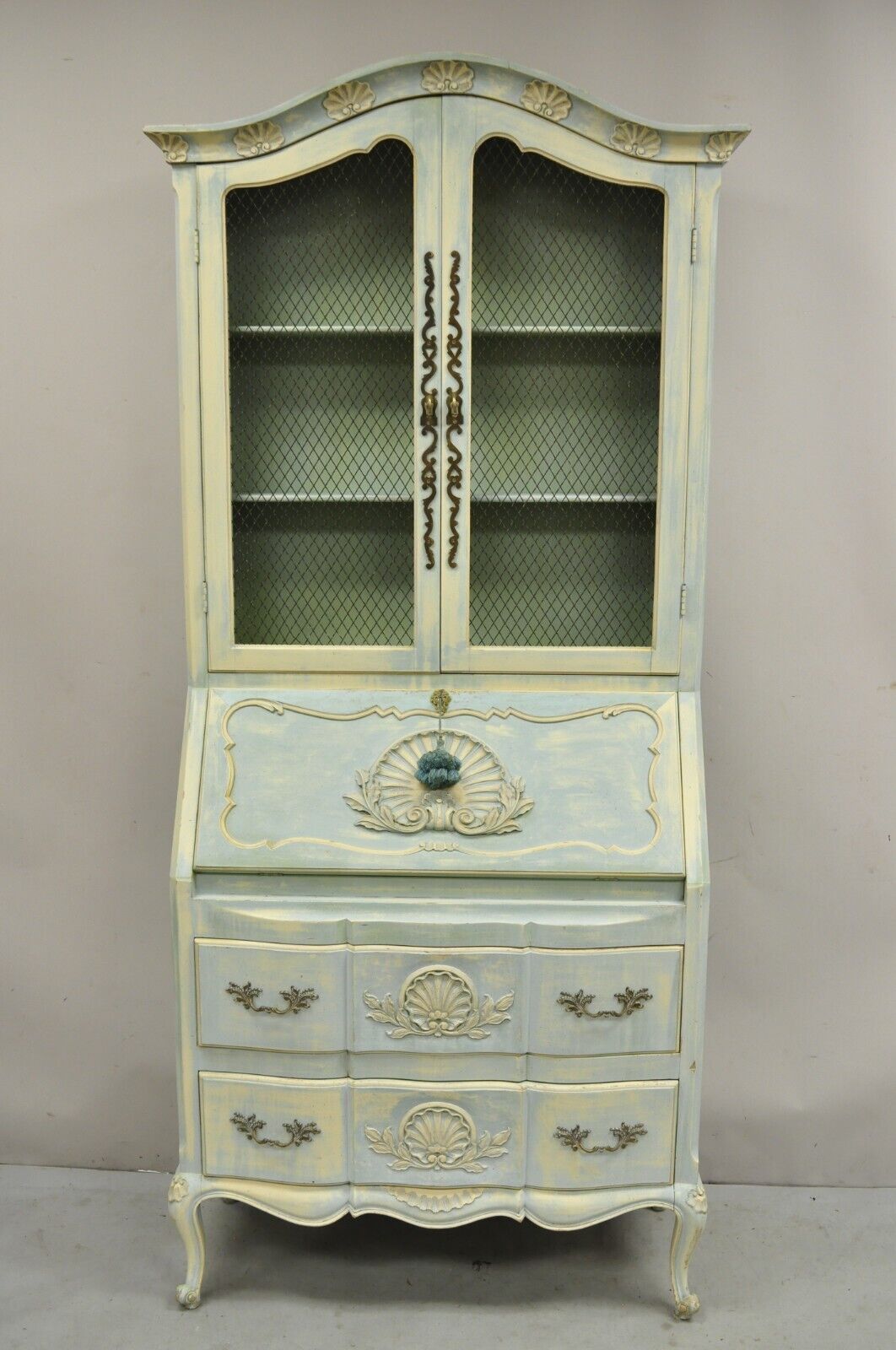 Vintage French Provincial Blue Painted Bookcase Tall Secretary Desk by Danby