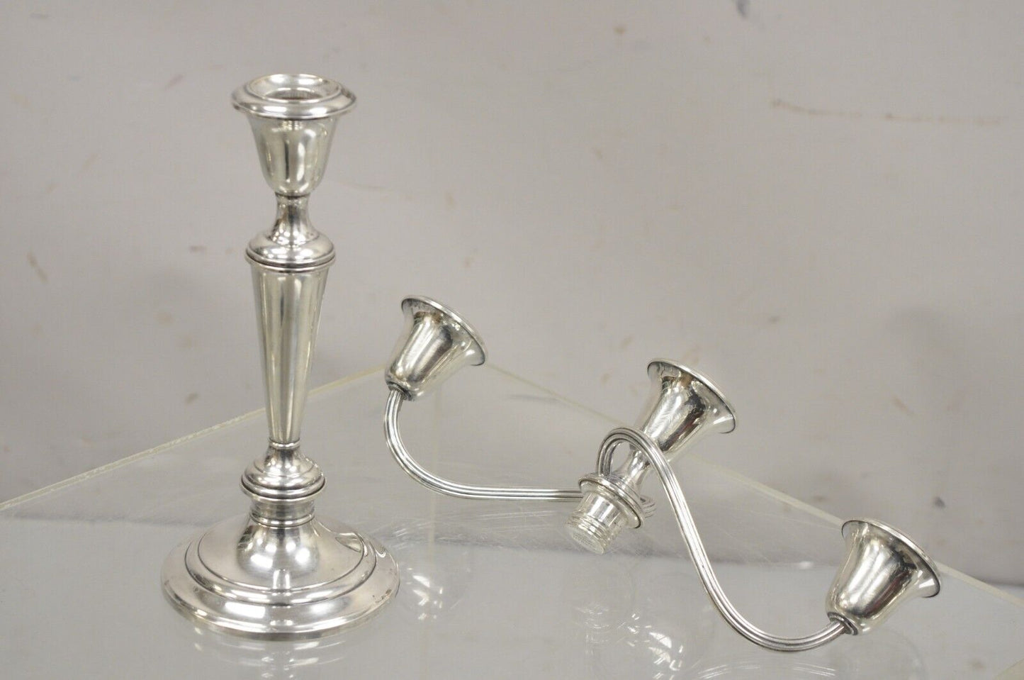 Gorham 808/1 Weighted Sterling Silver 3 Light Candlestick Candle - a Pair
