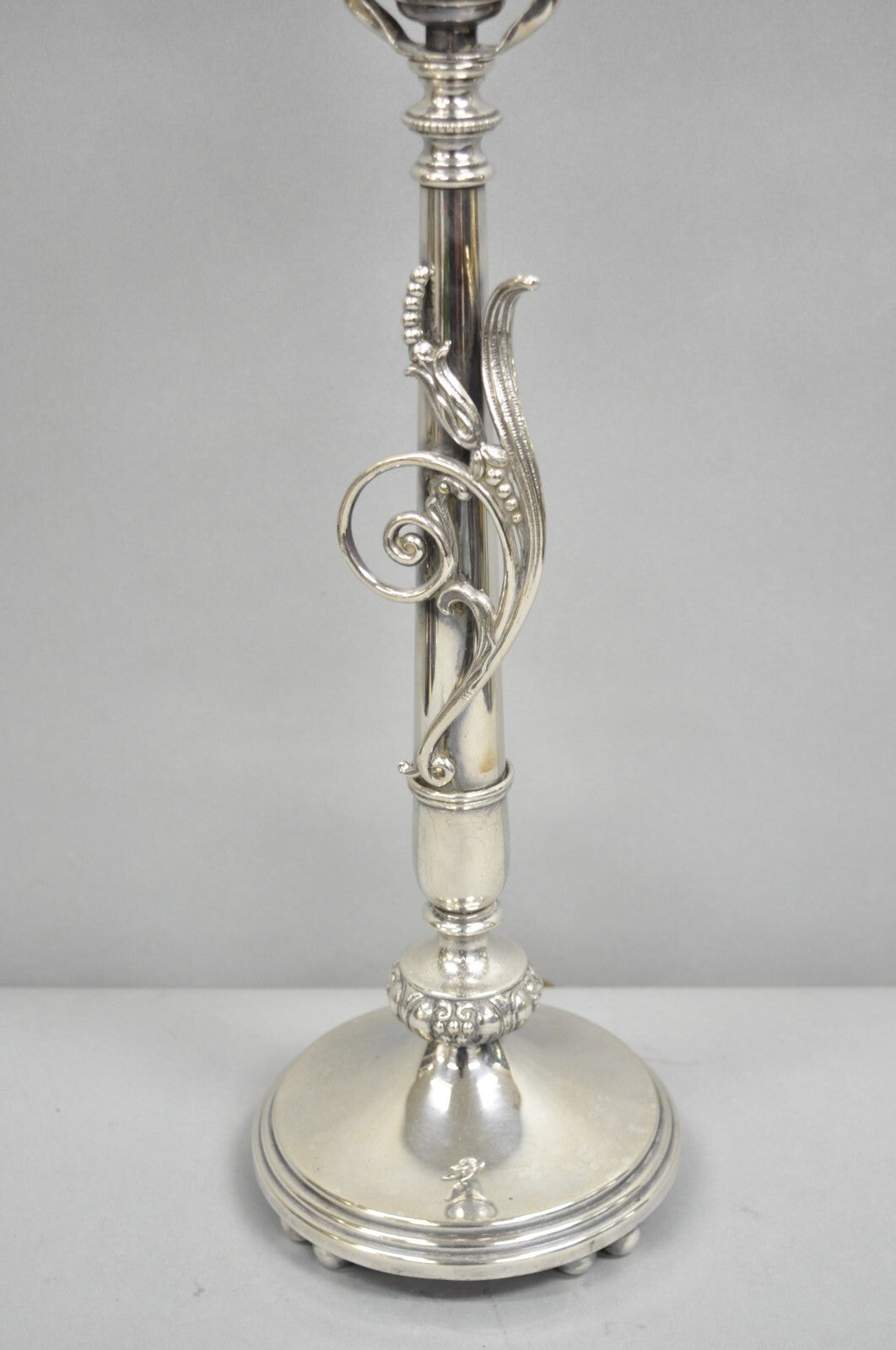 Antique French Art Nouveau Silver Plated Scrollwork Column Small Table Lamp
