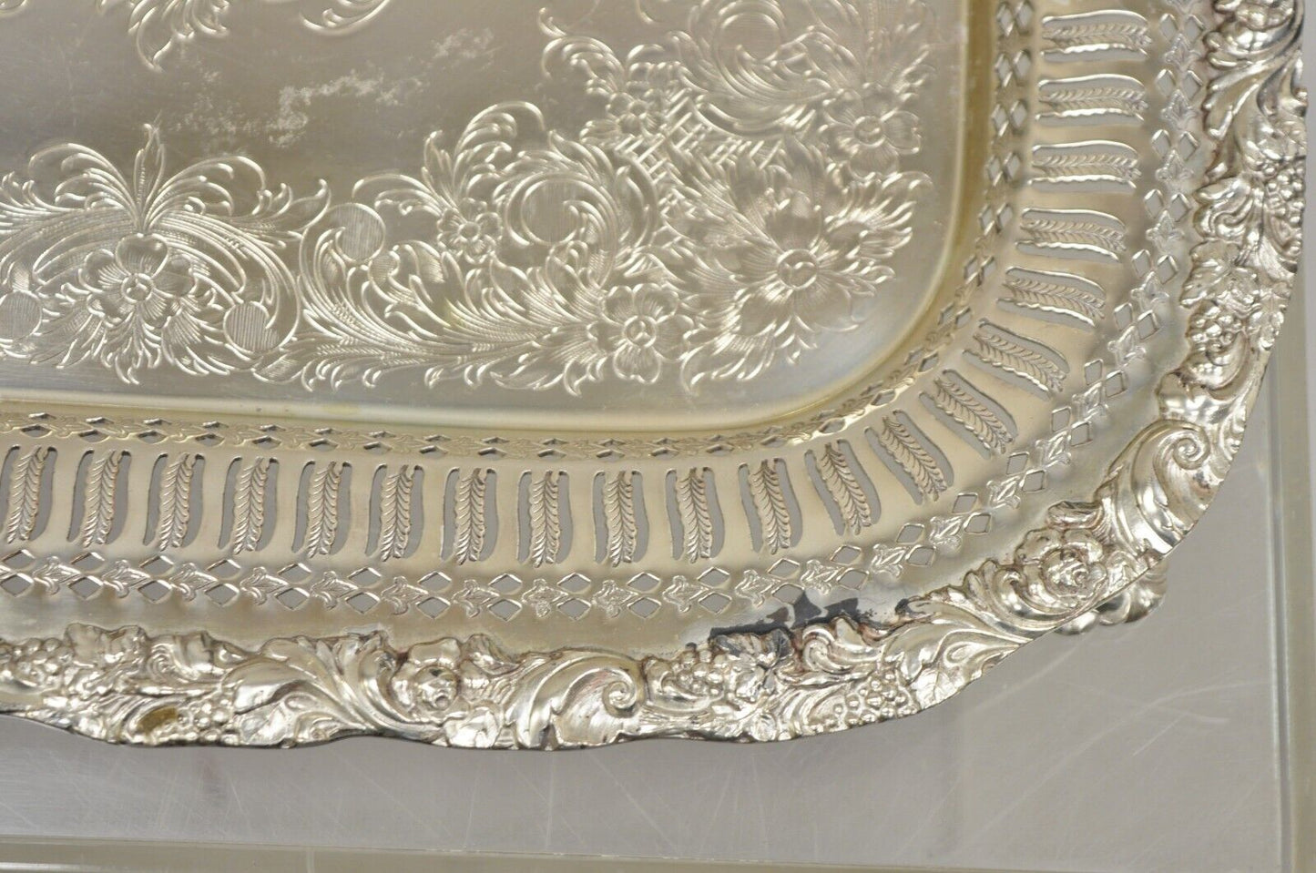 Vintage English Victorian Silver Plated Reticulated Square Serving Platter Tray
