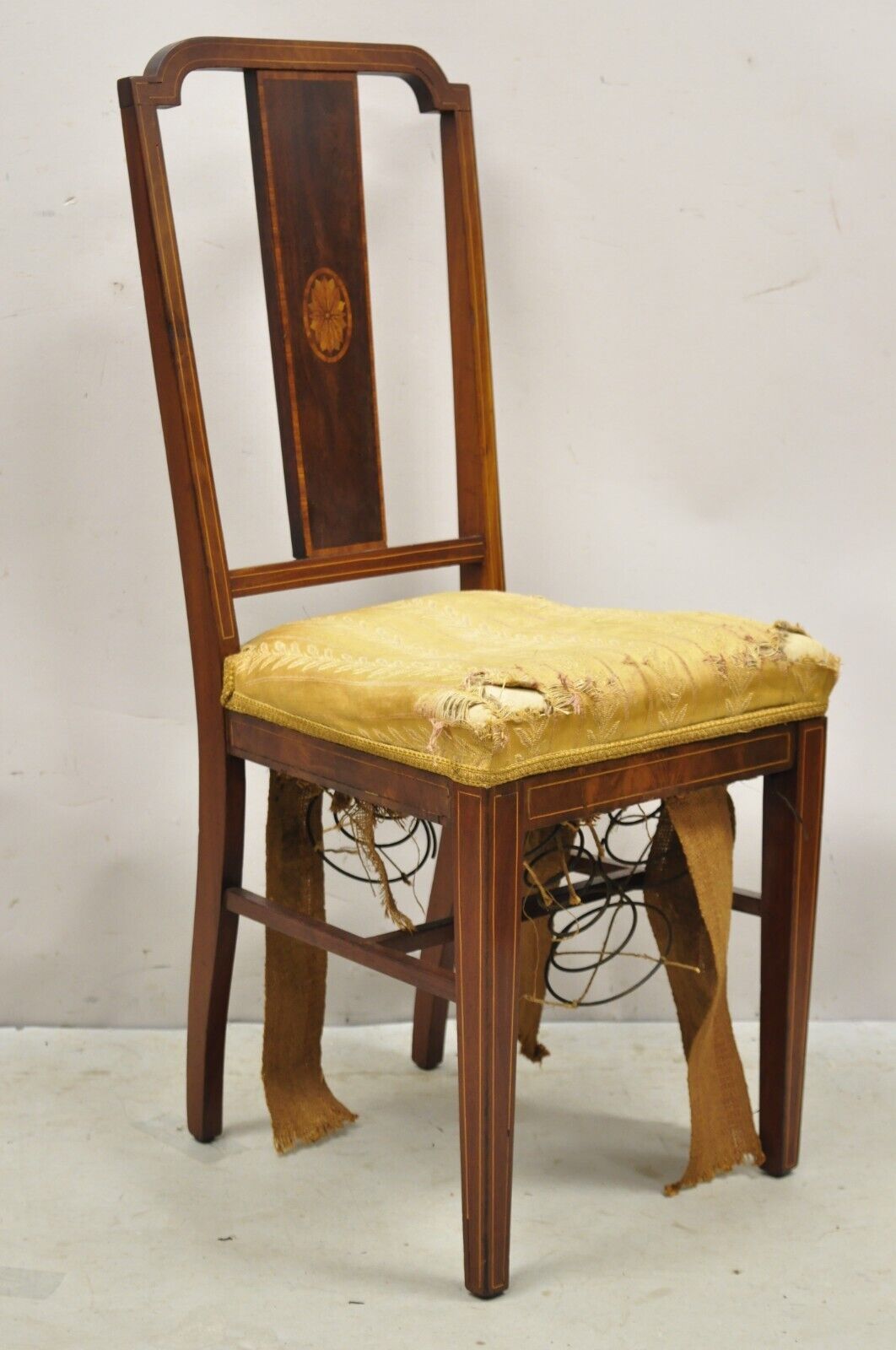 Antique Edwardian Mahogany Side Chair with Pencil and Pinwheel Inlay