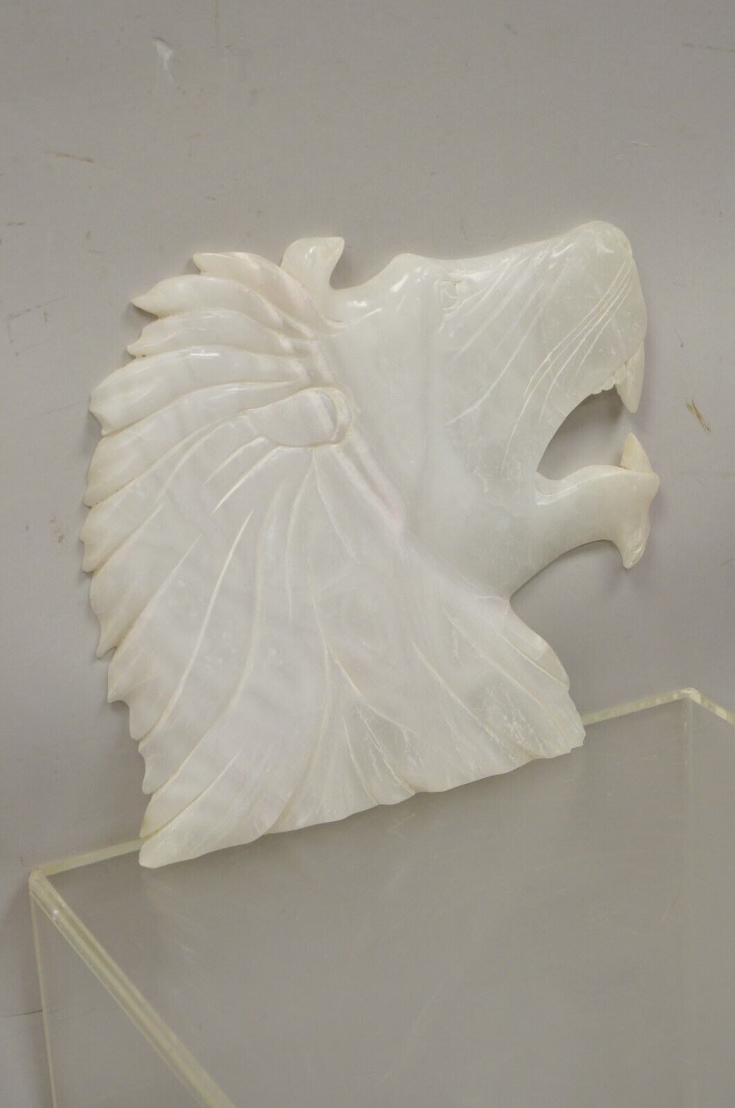 Vintage Italian Carved White Alabaster Lion Head Sculpture Statue Figure (B)