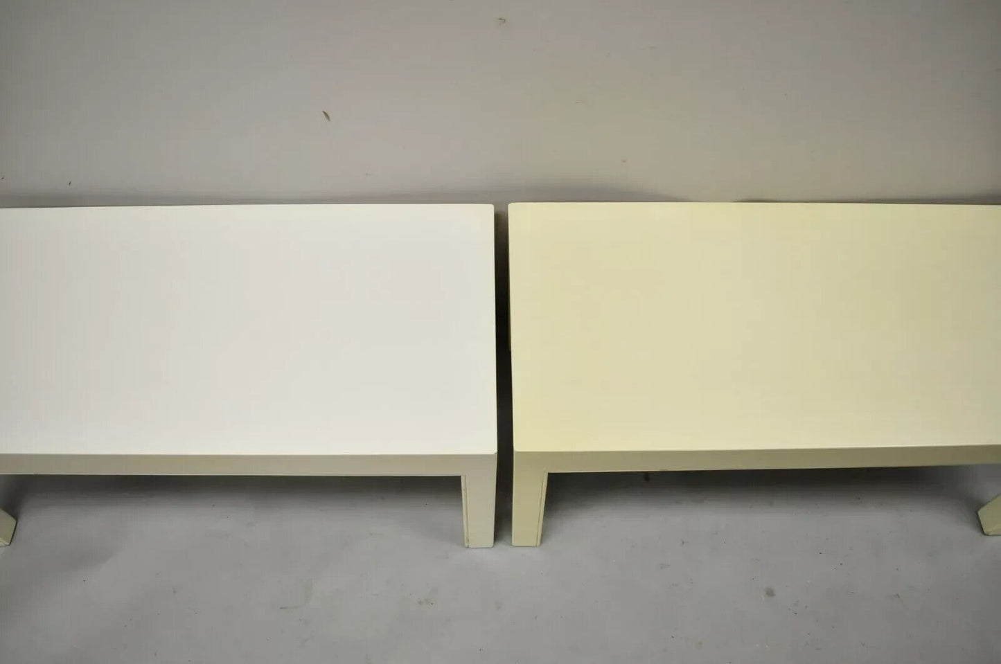 Vintage Modern Solid Wood Cream Lacquered Parsons Low Pedestal Side Table - Pair