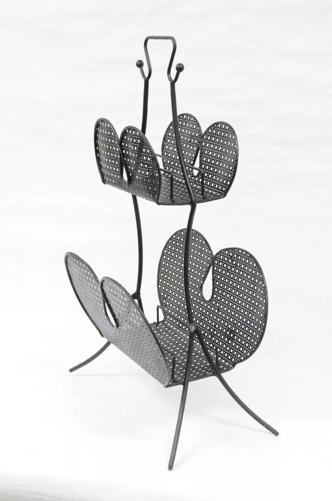 Mathieu Mategot Mid Century Modern Black Hairpin Metal Mesh 2 Tier Magazine Rack
