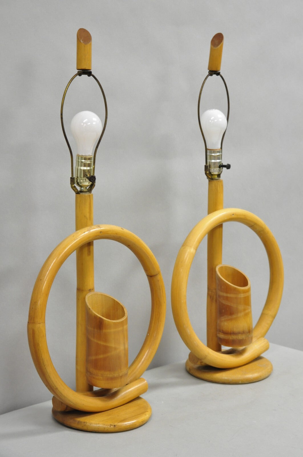 Vinatge Mid Century Modern Bentwood Bamboo Tiki Rattan Hoop Table Lamps - a Pair