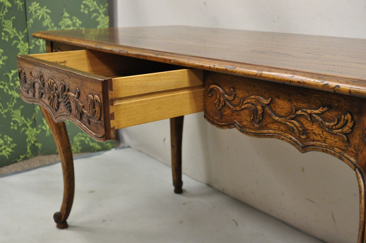 Vintage John Widdicomb French Country Carved Walnut Writing Desk with Drawer