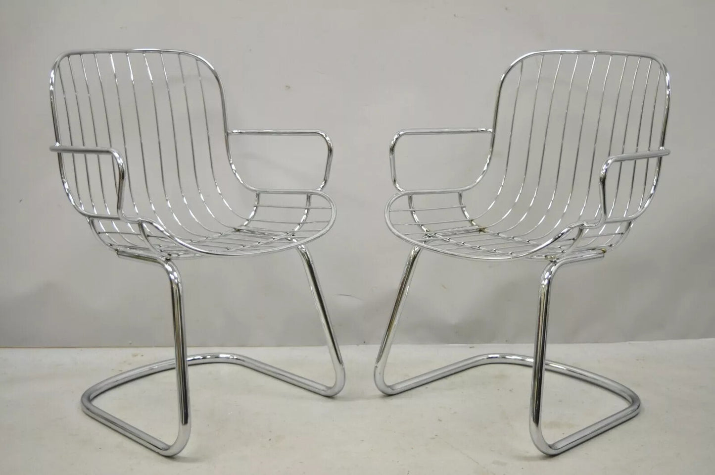 Mid Century Italian Modern Tubular Chrome Cantilever Dining Arm Chair - Set of 4