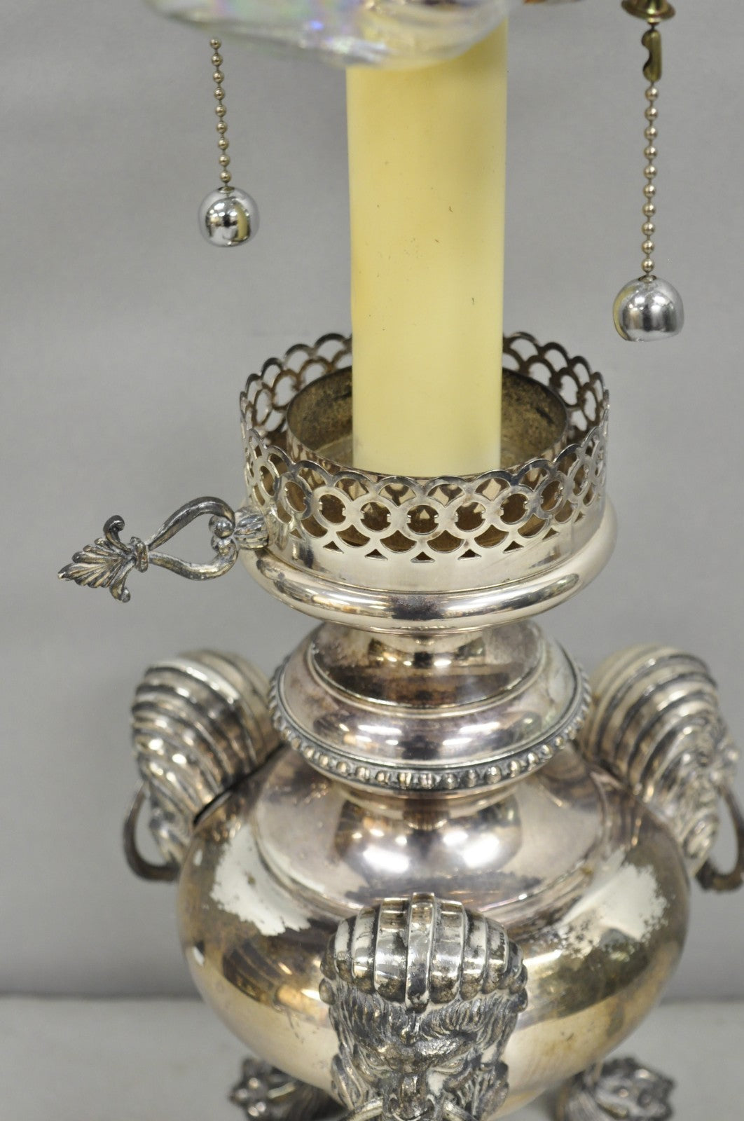 Antique English Regency Silver Plated Converted Oil Lamp Lion Mounted Table Lamp