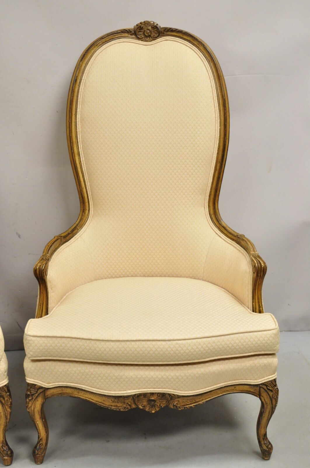 Vintage Hollywood Regency Country French High Back Walnut Lounge Chairs - a Pair