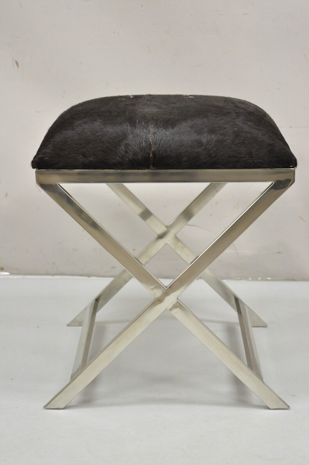Modern Chrome Frame X-Frame Metal Stool with Cowhide Upholstery