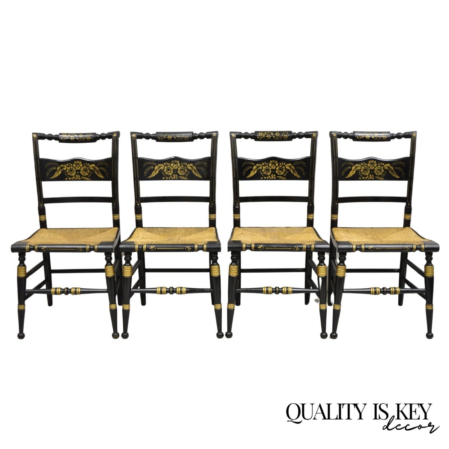 Antique Hitchcock Style Black Lacquer Stencil Rush Seat Dining Chairs - Set of 4