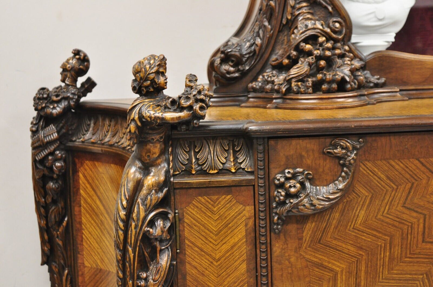 French Renaissance Louis XV Style Figural Carved Walnut Curio Display Buffet