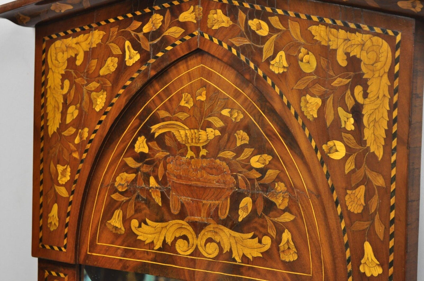 19th Century Satinwood Dutch Marquetry Inlaid Beveled Glass Console Wall Mirror
