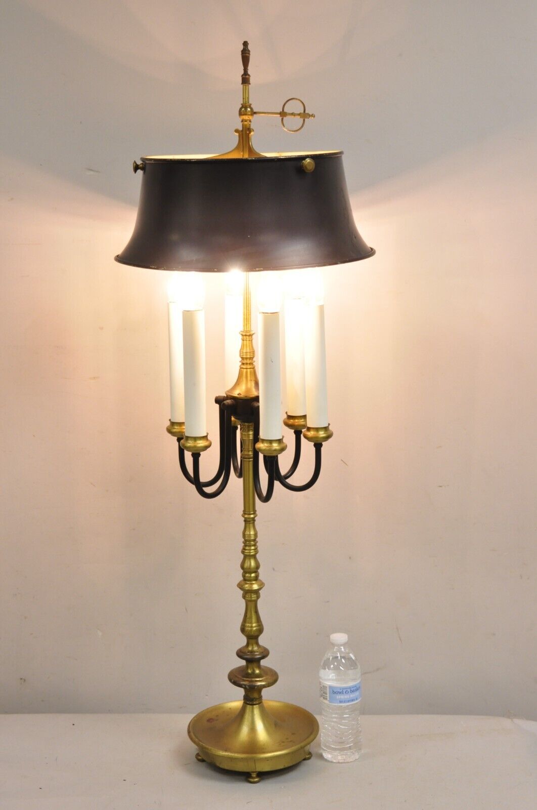 French Regency Tall Brass Candelabra Bouillotte Desk Lamp w/ Tole Metal Shade