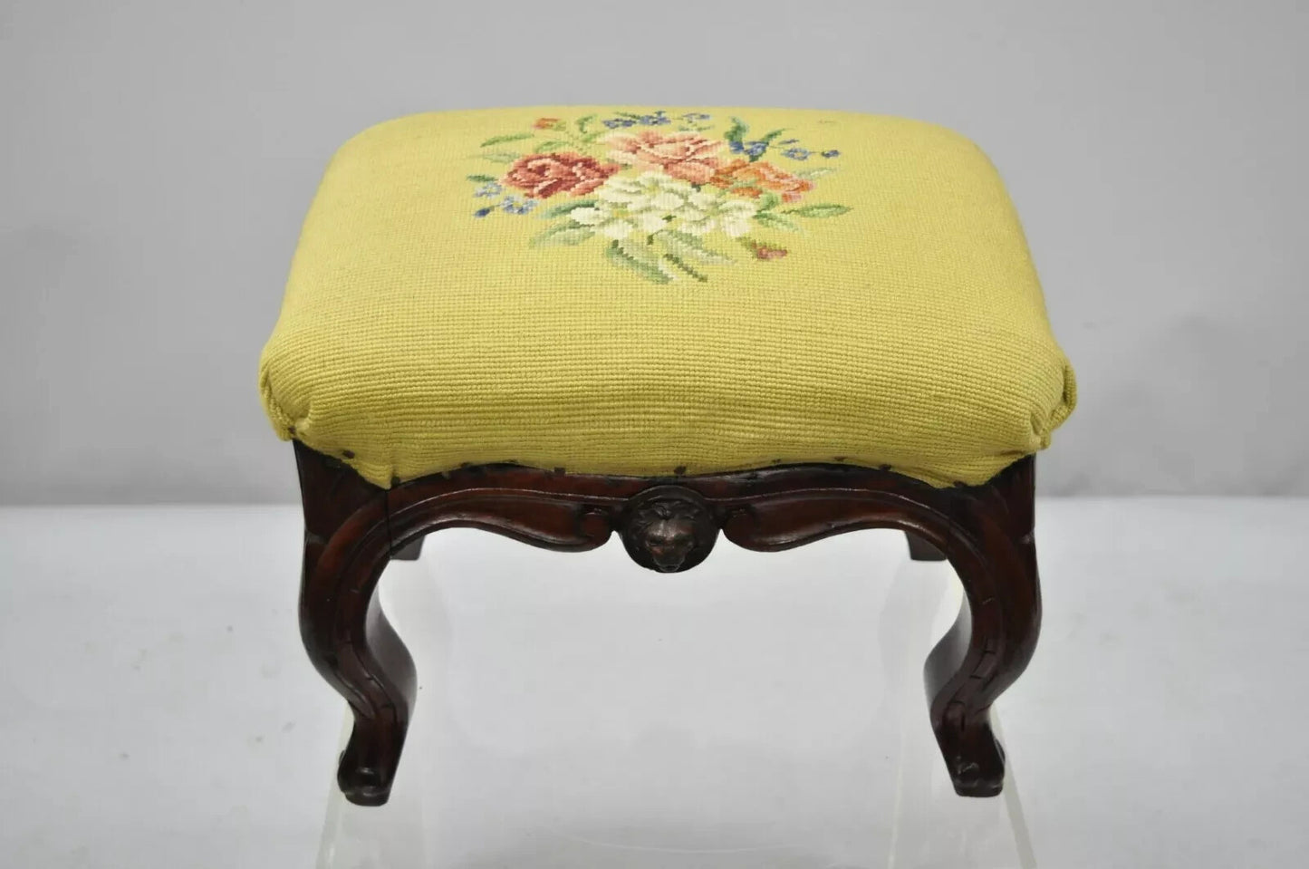 Antique Victorian Walnut Figural Lion Female Face Needlepoint Footstool Ottoman