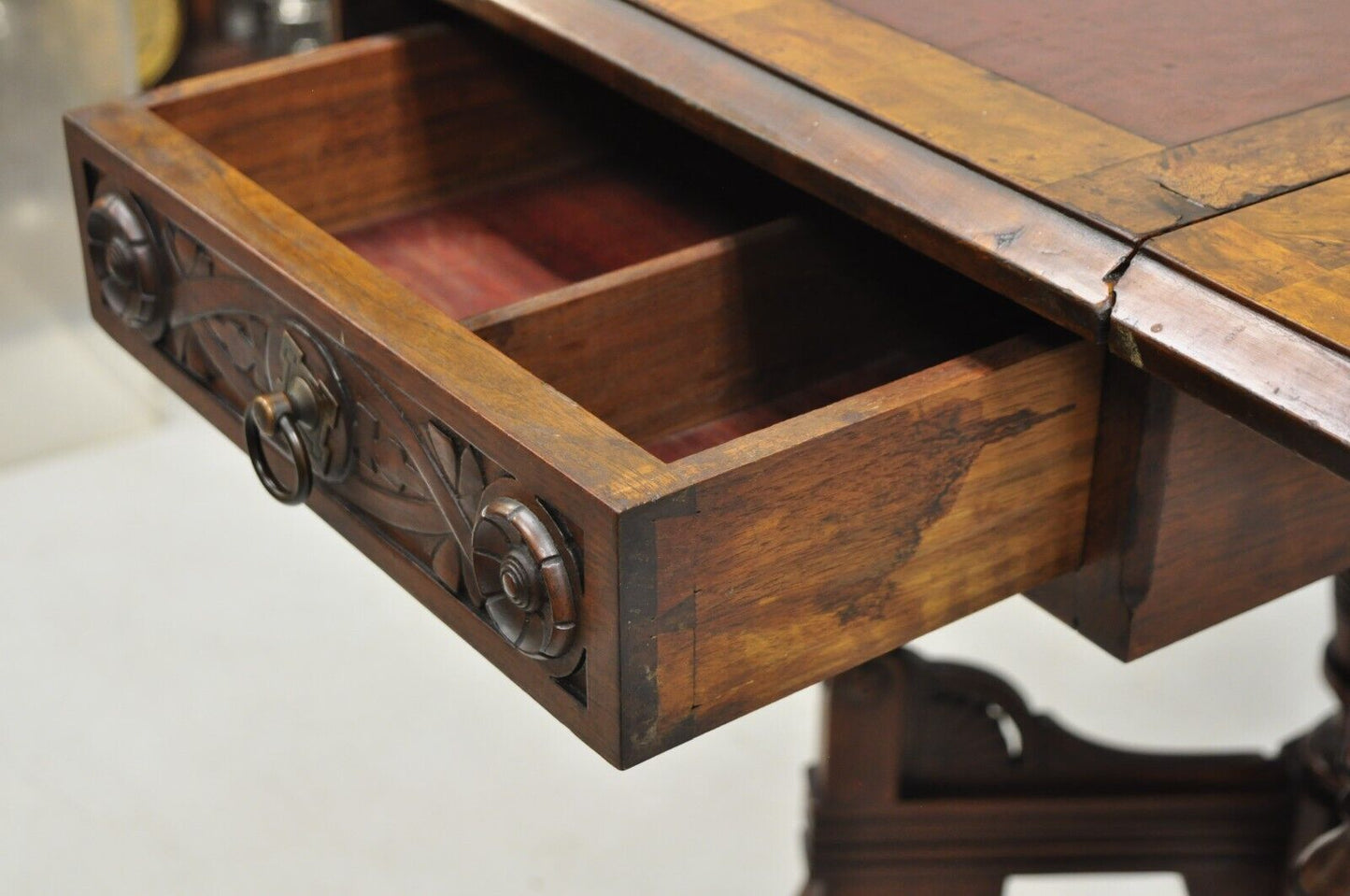 Antique Eastlake Victorian Leather Top Walnut Dropleaf Parlor Game Table