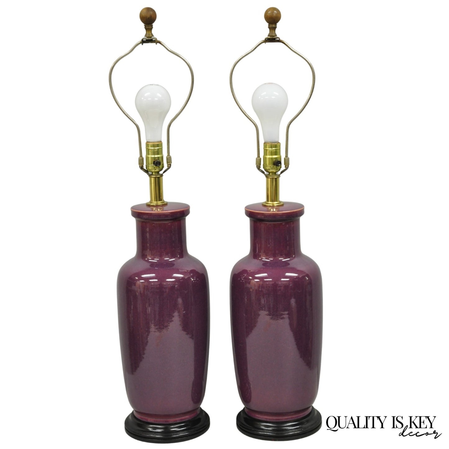 Vintage Chinoiserie Plum Purple Ceramic Porcelain Jardiniere Table Lamps - Pair