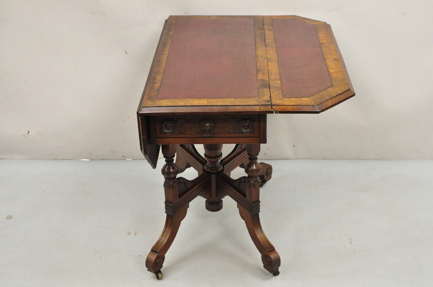 Antique Eastlake Victorian Leather Top Walnut Dropleaf Parlor Game Table