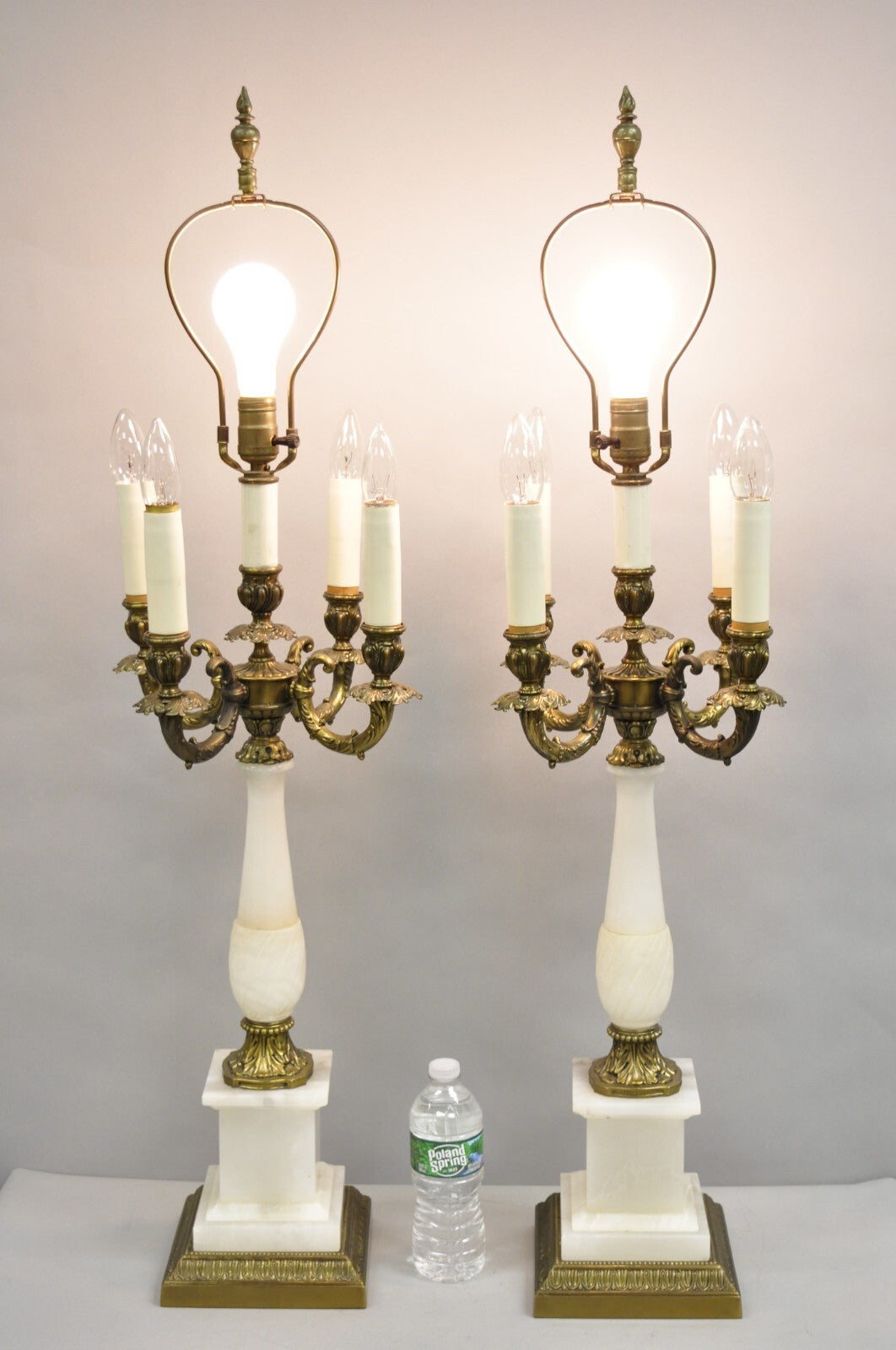 Vintage French Empire Alabaster Column Brass Metal Candelabra Table Lamps - Pair