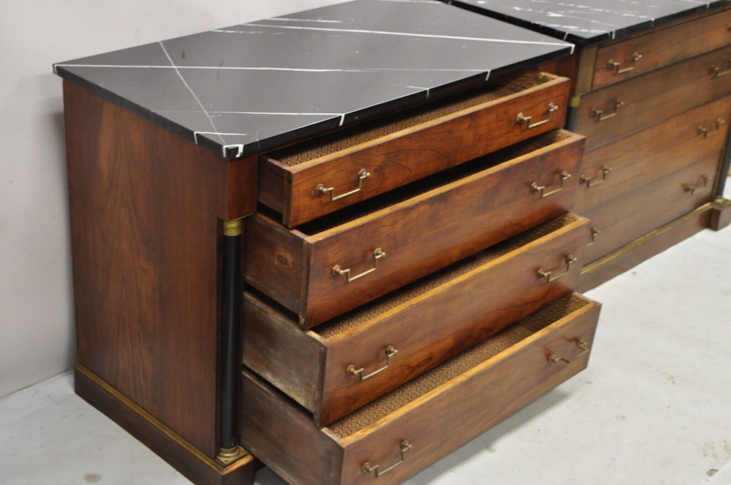 French Empire Neoclassical Style Marble Top Cherry Wood Commode Chest - a Pair