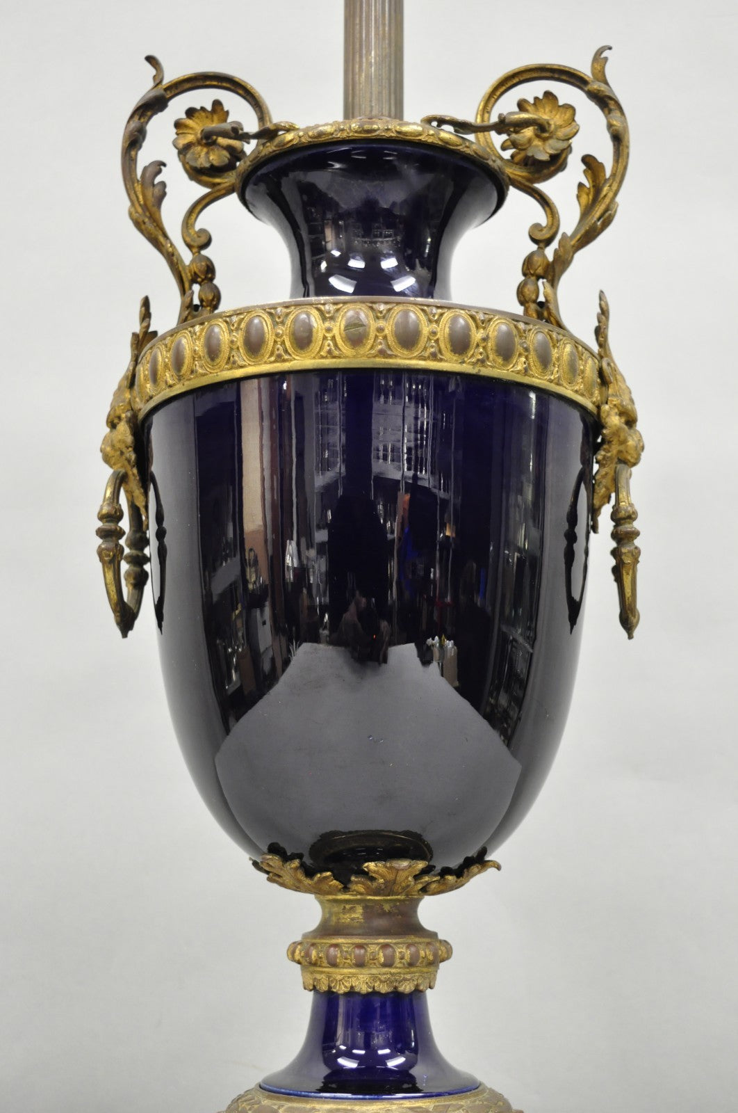 Antique French Empire Cobalt Blue Porcelain Figural Gilt Bronze Urn Table Lamp