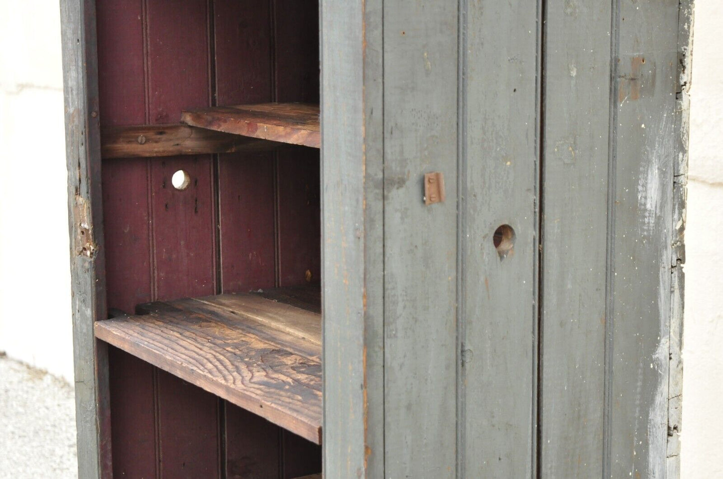 Antique American Primitive Blue Green Distressed Painted Tall Kitchen Cupboard