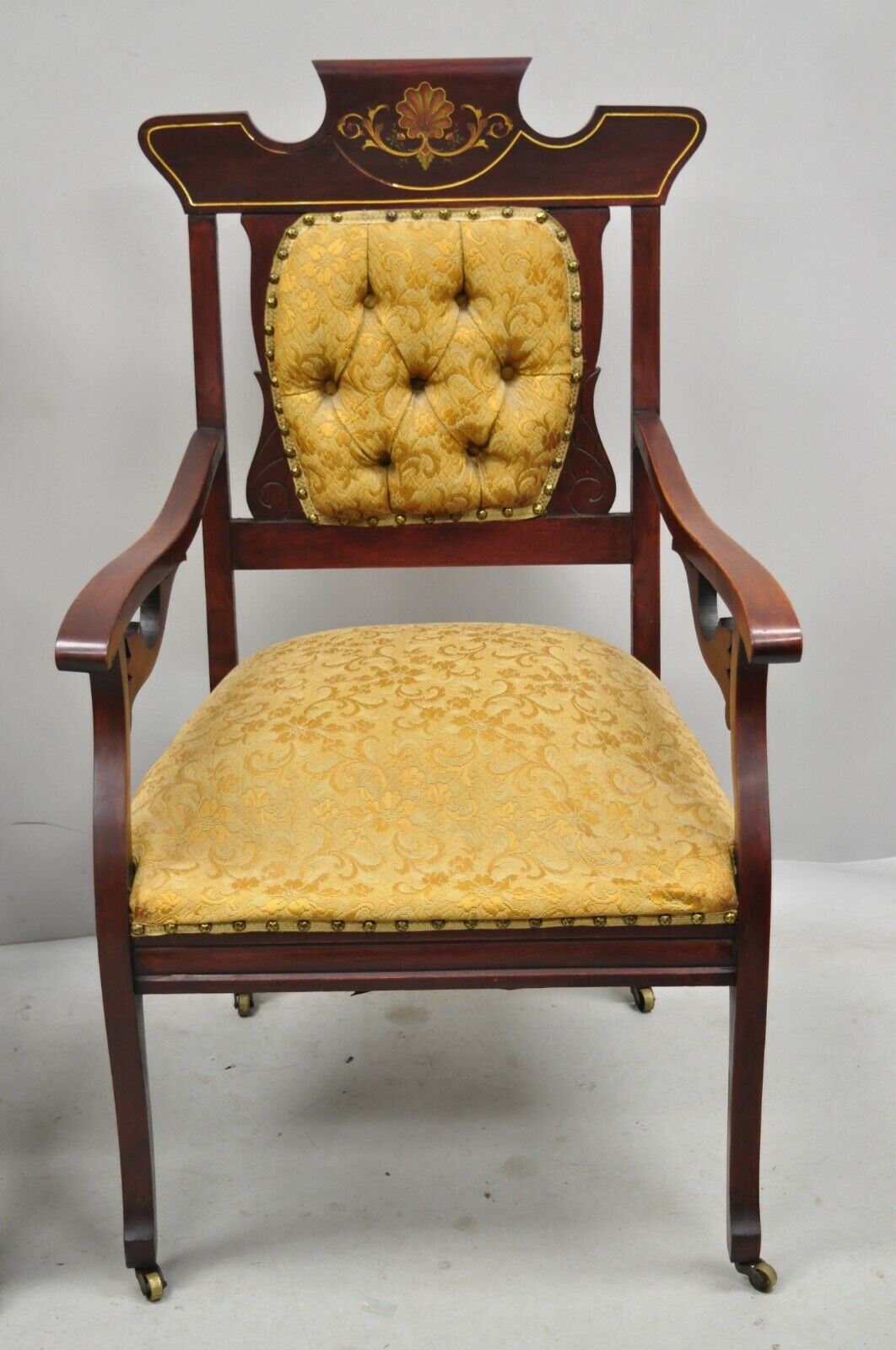 Pair of Antique Eastlake Victorian Mahogany Inlaid Parlor Arm Chairs