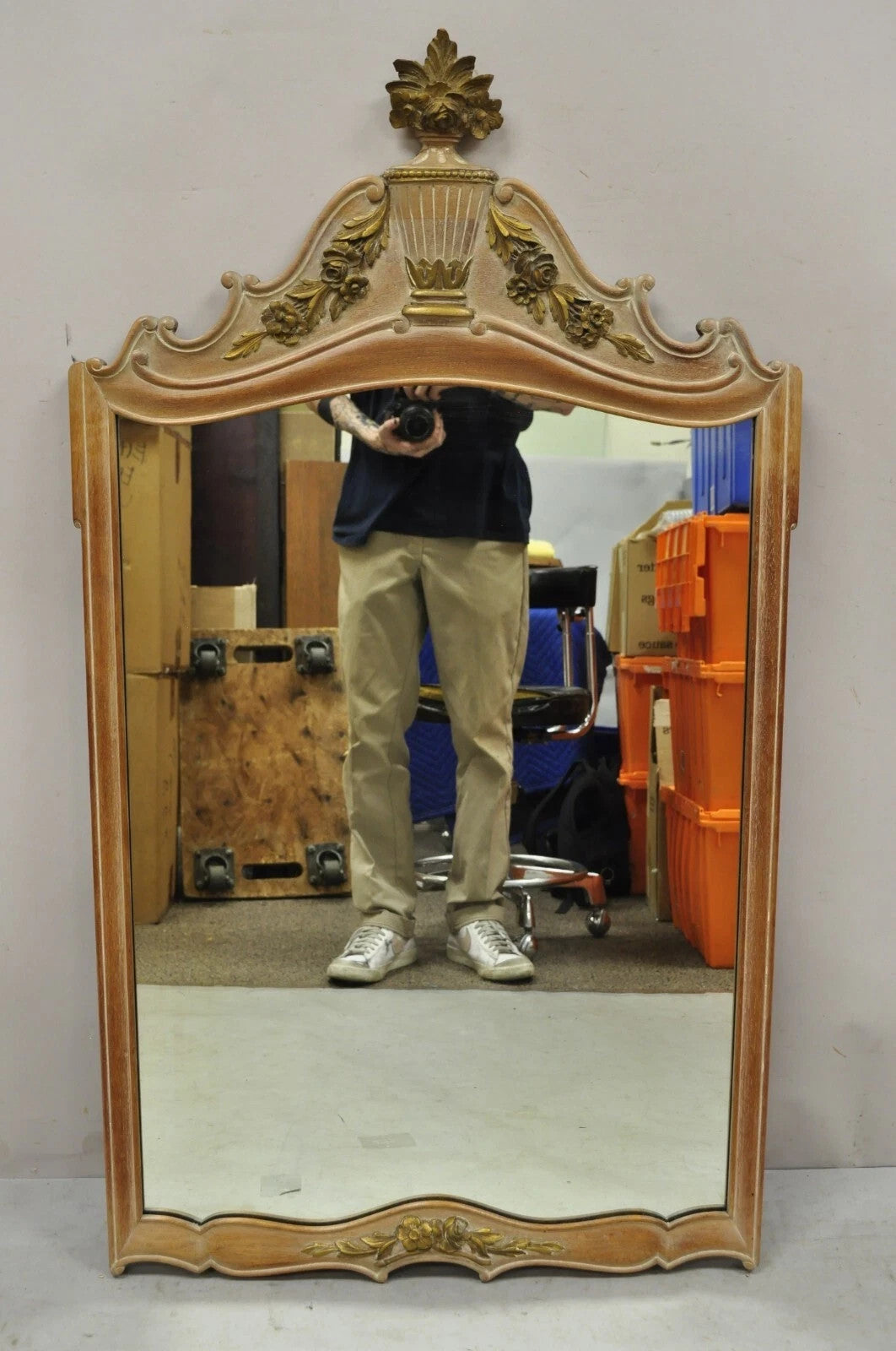 Vintage French Country Provincial Louis XV Style Carved Wood Urn Wall Mirror