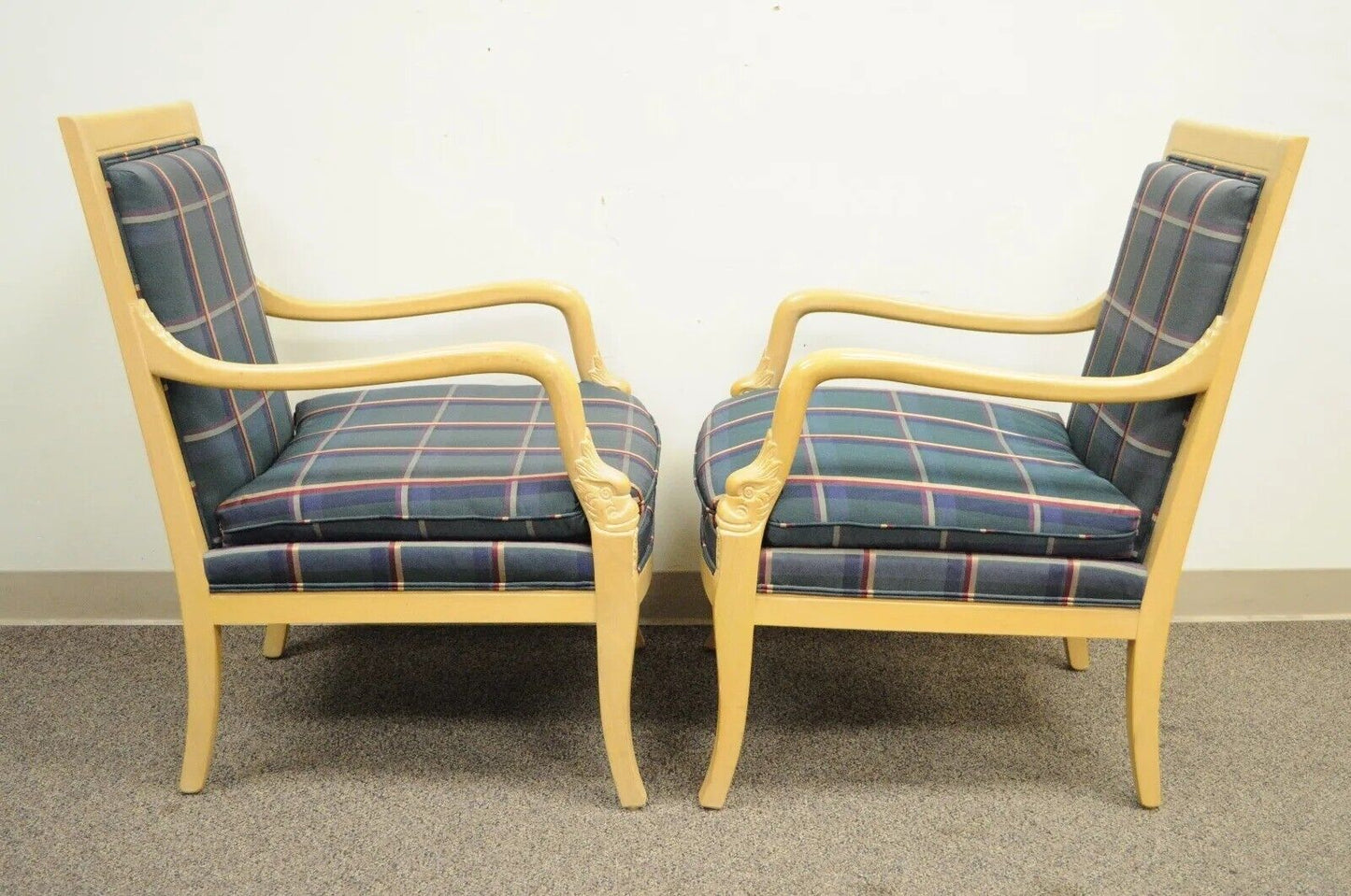 Ethan Allen Italian Regency Carved Dolphin Fireside Lounge Arm Chairs - a Pair