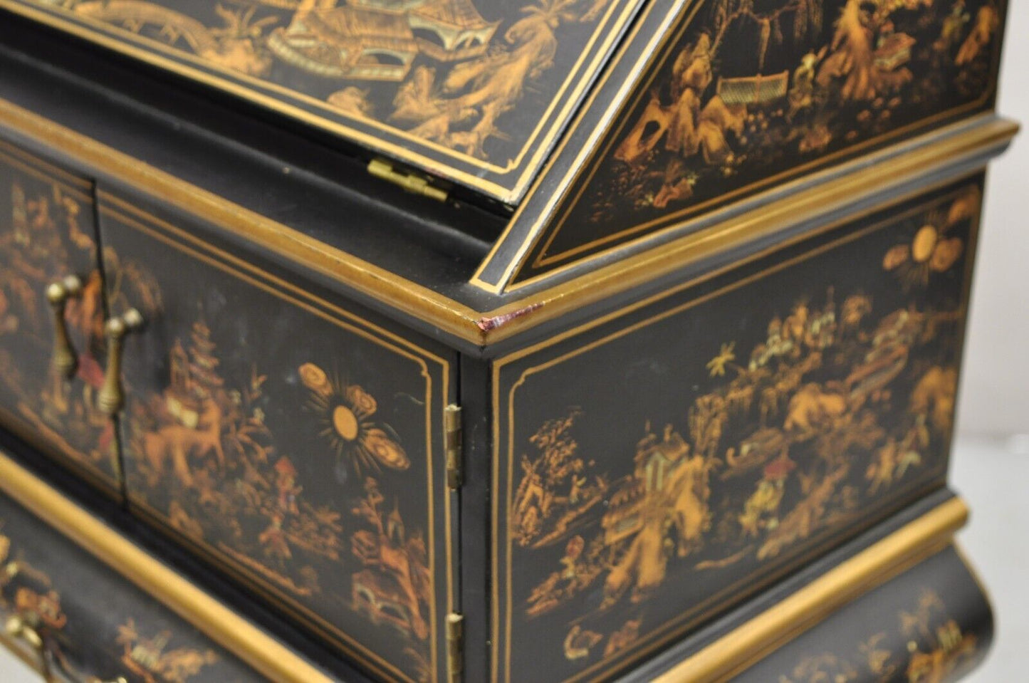 Decorative Chinoiserie Bombe Style Black Lacquer Oriental Jewelry Box