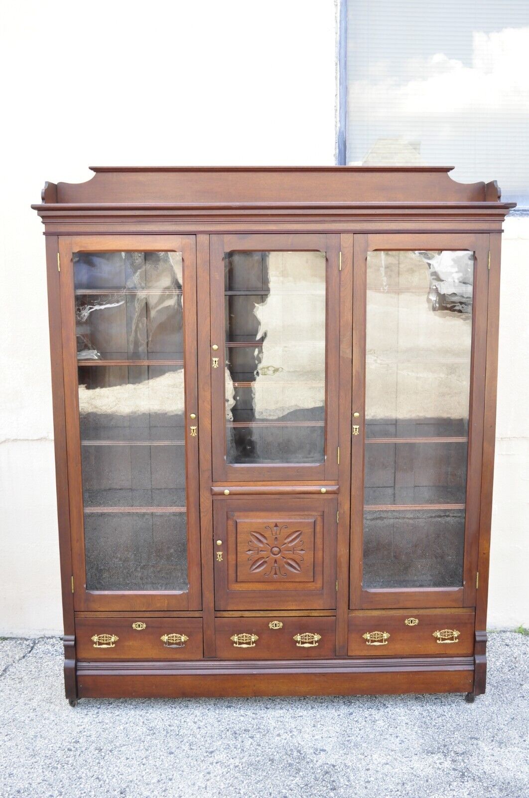 Antique Eastlake Victorian Walnut Wavy Glass Triple Bookcase Display Cabinet