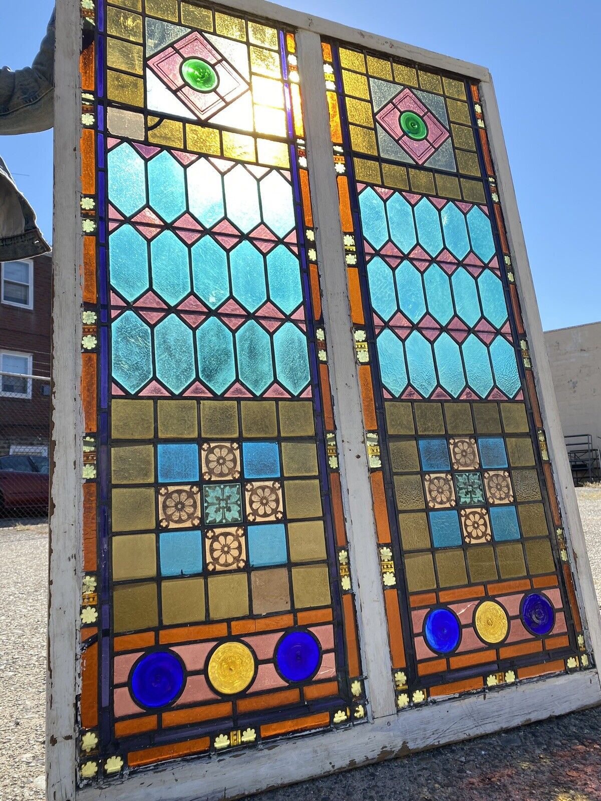 Antique Victorian 70 x 48 Double Stained Glass Window Pink Blue Green Jeweled