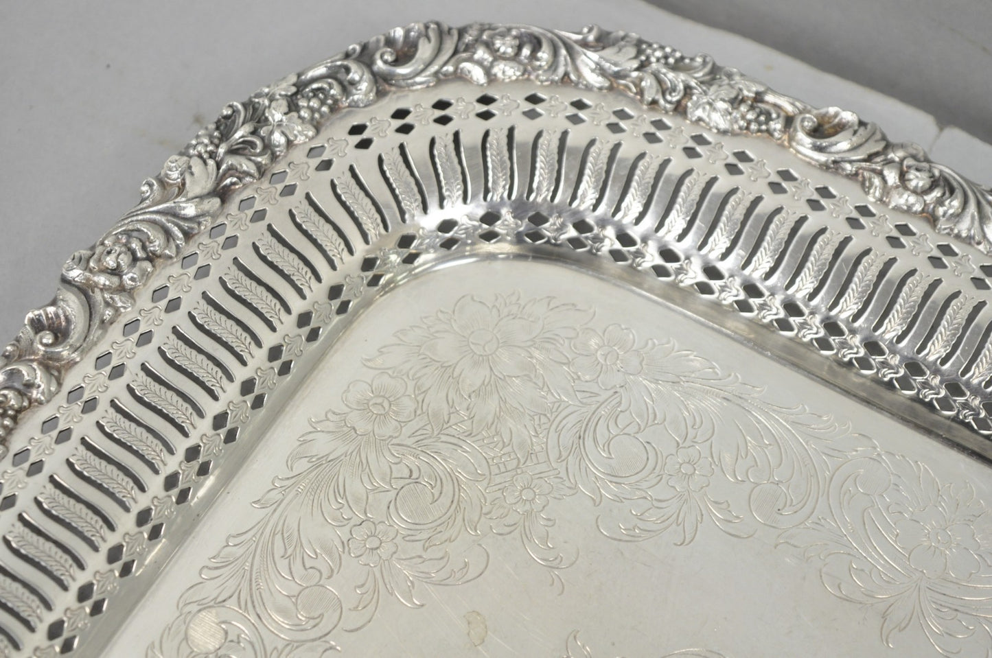 Vintage International Silver Victorian Repousse Pierced Gallery Square Bar Tray