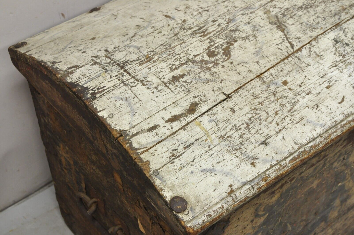 Antique European Painted Large Wooden Dome Top Sea Trunk Treasure Chest