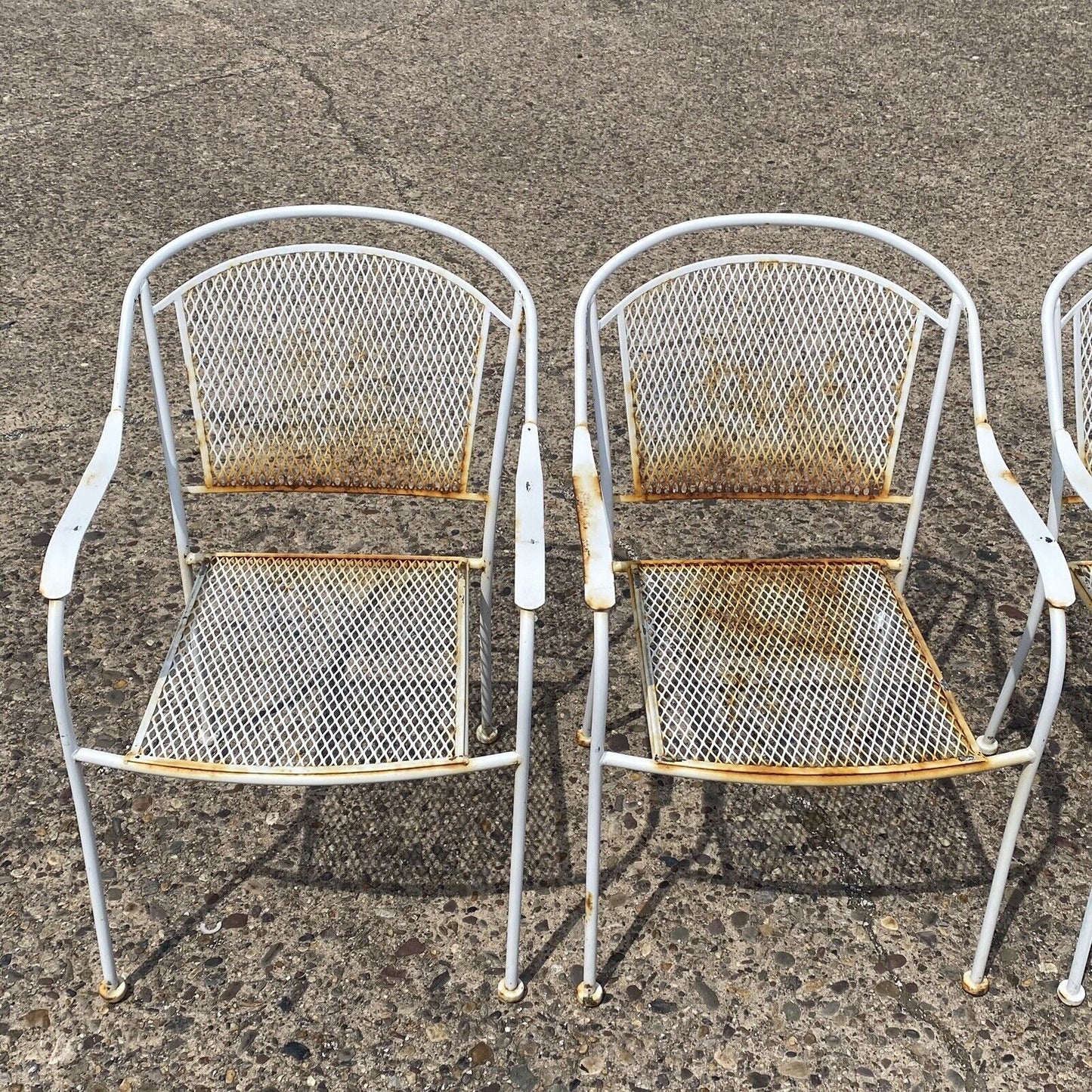 Modern Wrought Iron Sculptural White Outdoor Patio Stacking Arm Chairs - Set 4