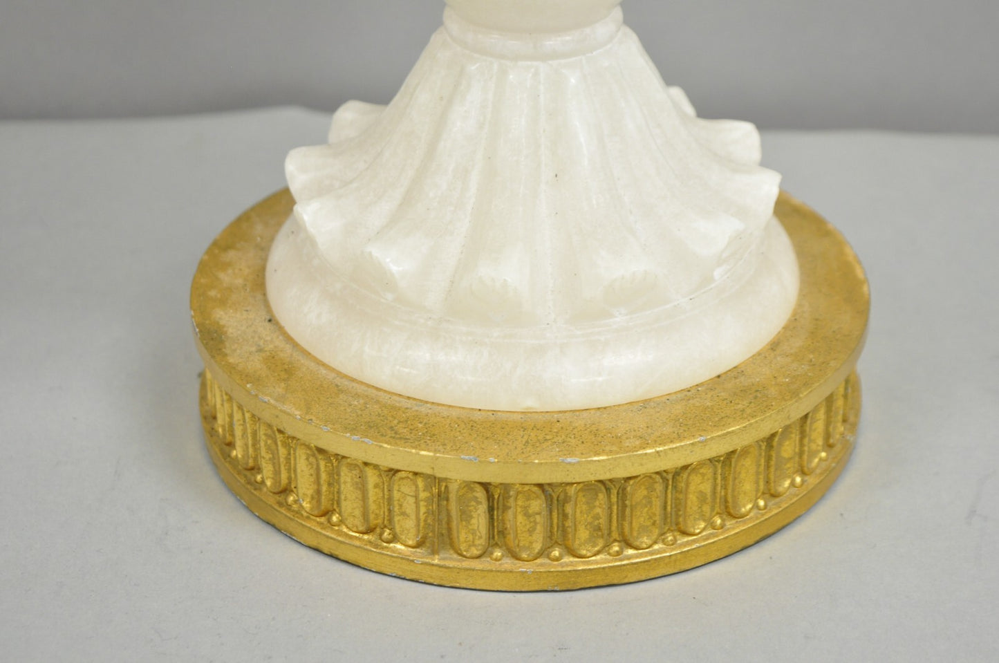 Antique Neoclassical Large Carved Solid Alabaster Marble Leaf Bulbous Table Lamp