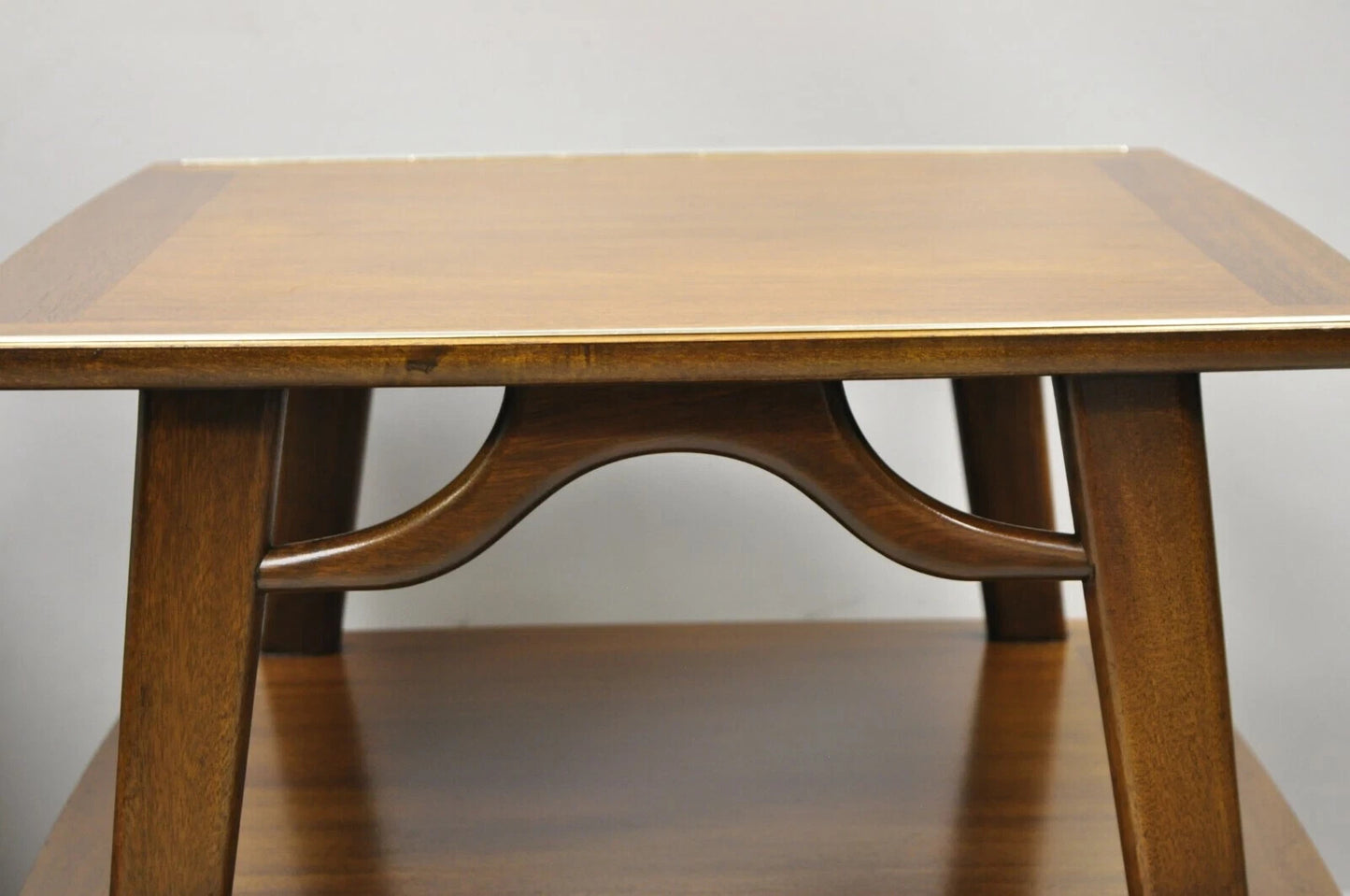 Vintage Mid Century Modern Sculpted Walnut 2 Tier End Tables w Brass Feet - Pair