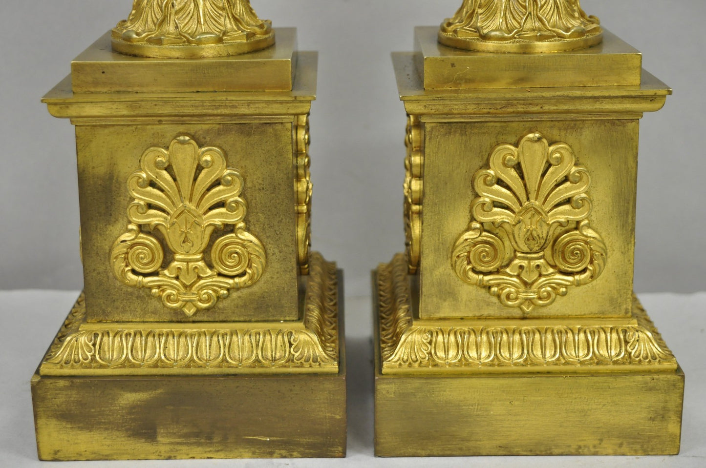 Antique French Empire Neoclassical Bronze Candlestick Column Table Lamps a Pair