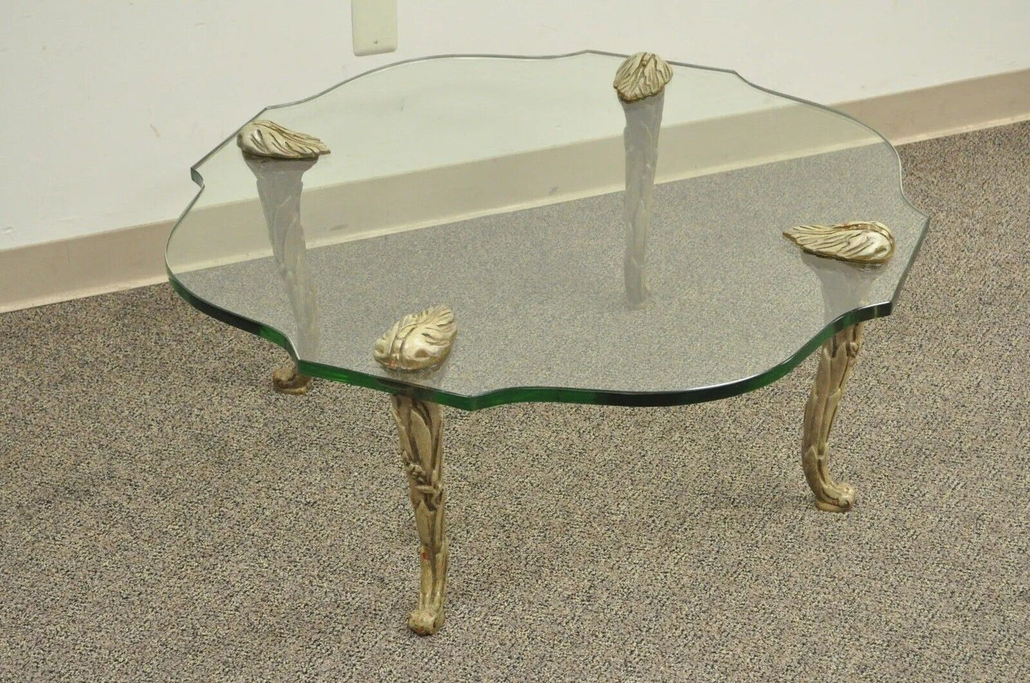 Vintage Hollywood Regency Carved Wood Faux Bois Legs Glass Top Coffee Table