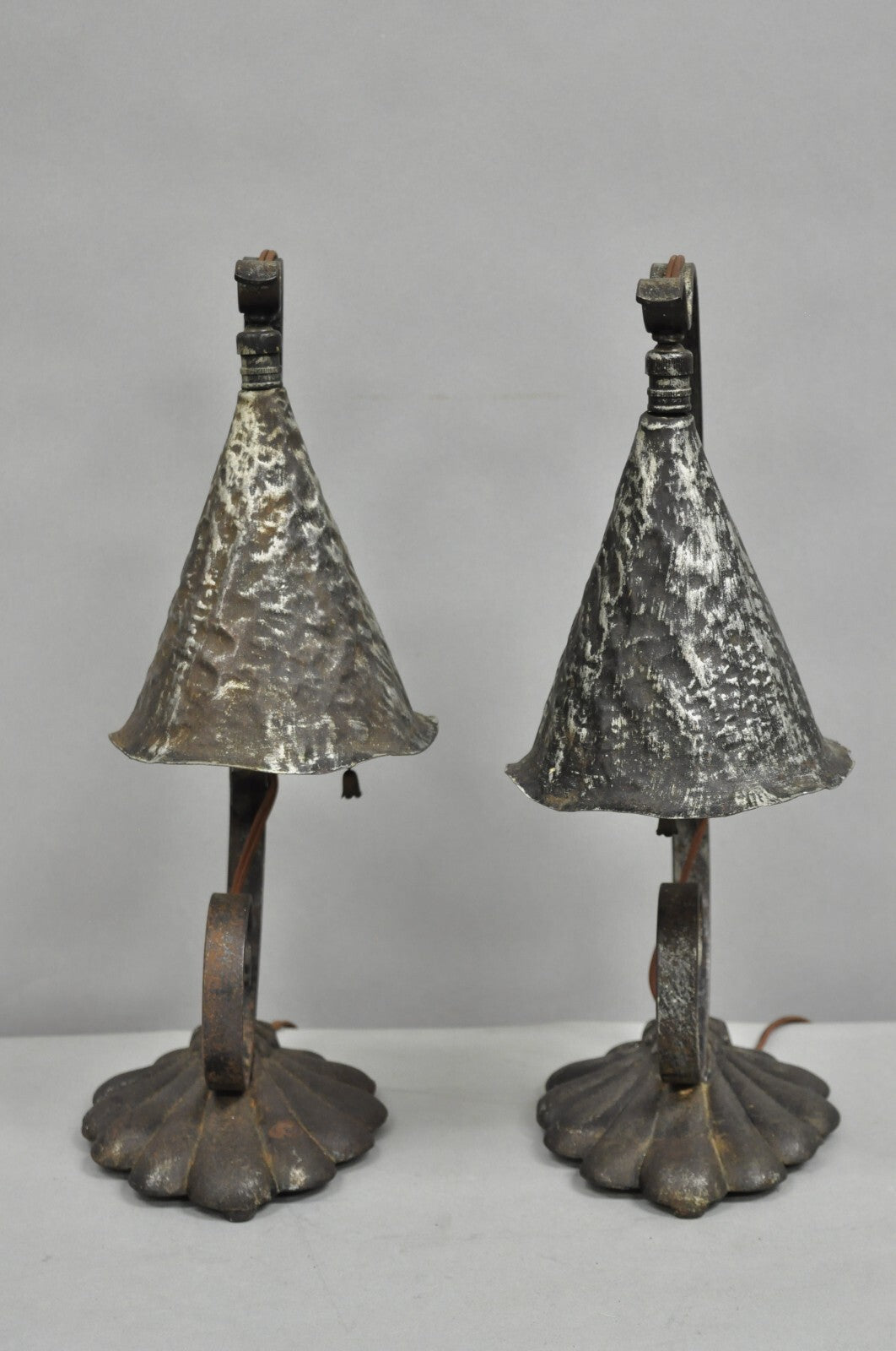 Antique Arts & Crafts Hand Hammered Metal Small Lantern Table Lamps - a Pair