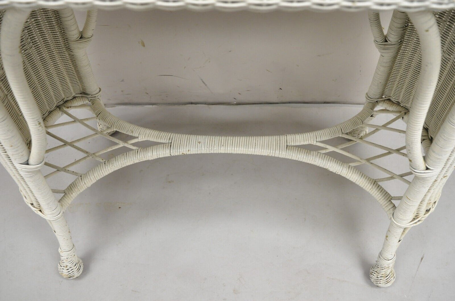 Antique Victorian White Wicker Rattan Console Hall Side Table