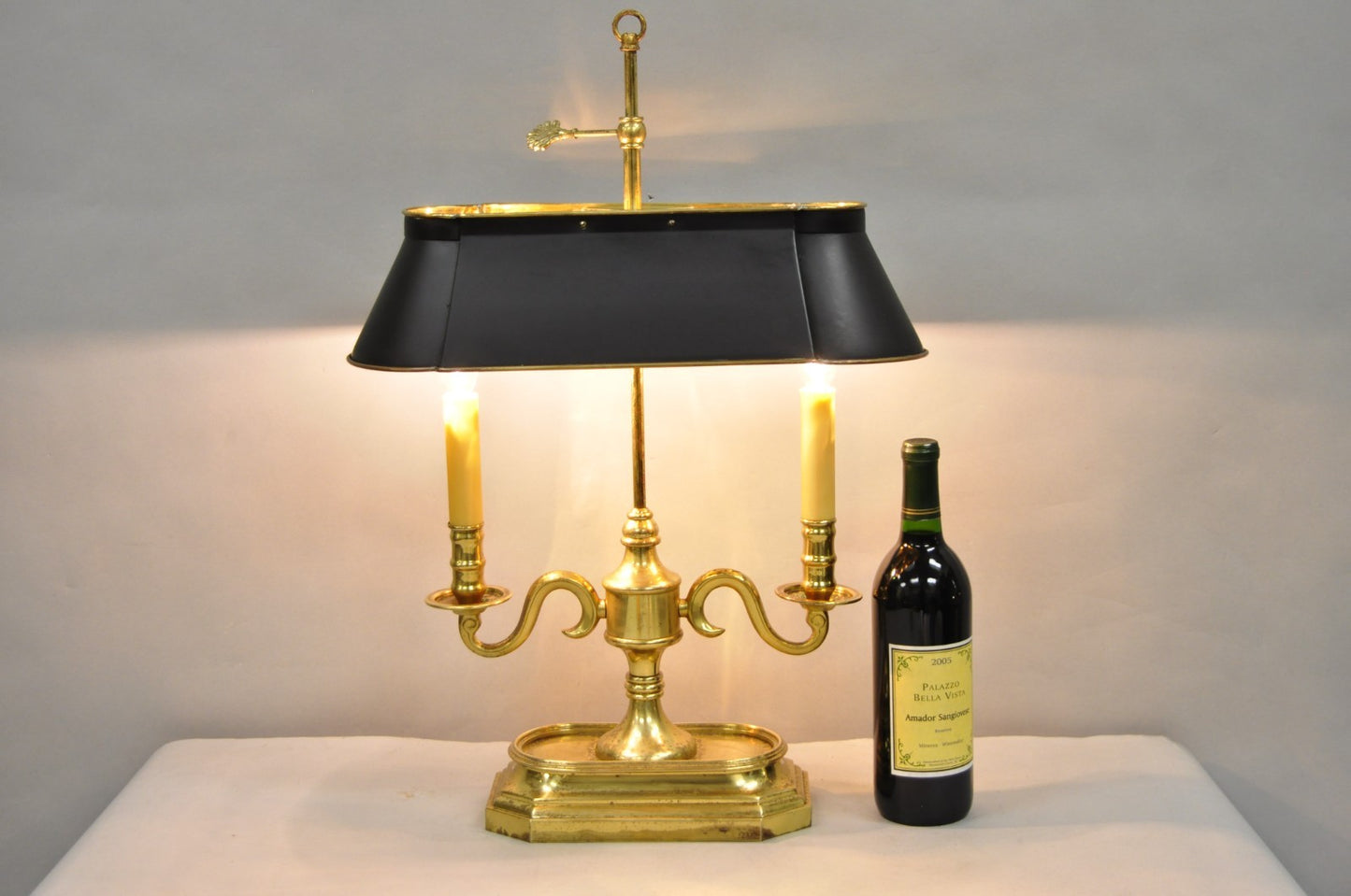 Vintage French Empire Style Brass Candlestick Bouillotte Desk Lamp w/ Tole Shade