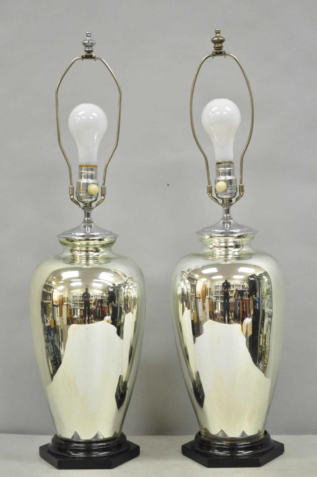 Vintage Mid Century Modern Silver Mercury Glass Jardiniere Vase Table Lamps Pair