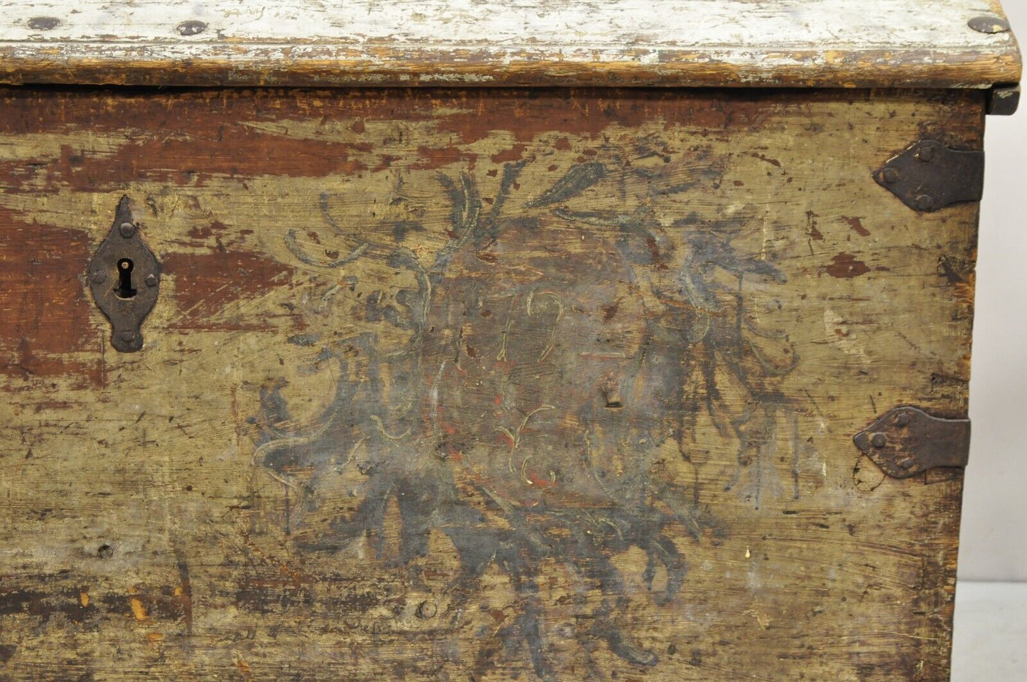 Antique European Painted Large Wooden Dome Top Sea Trunk Treasure Chest