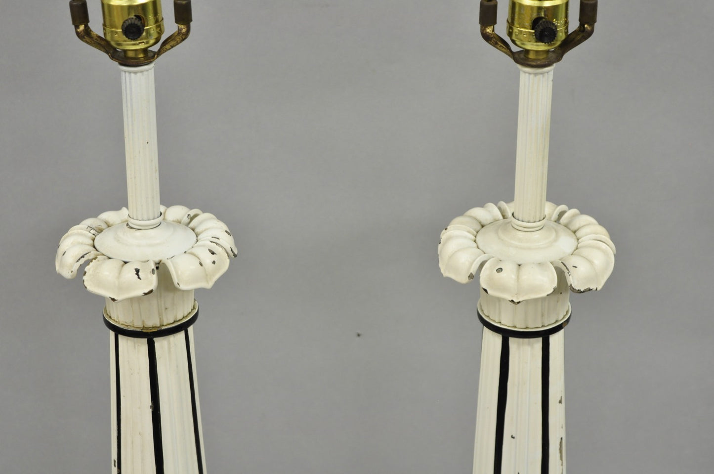 Vintage Hollywood Regency Lotus Leaf Black & White Metal Column Table Lamps Pair