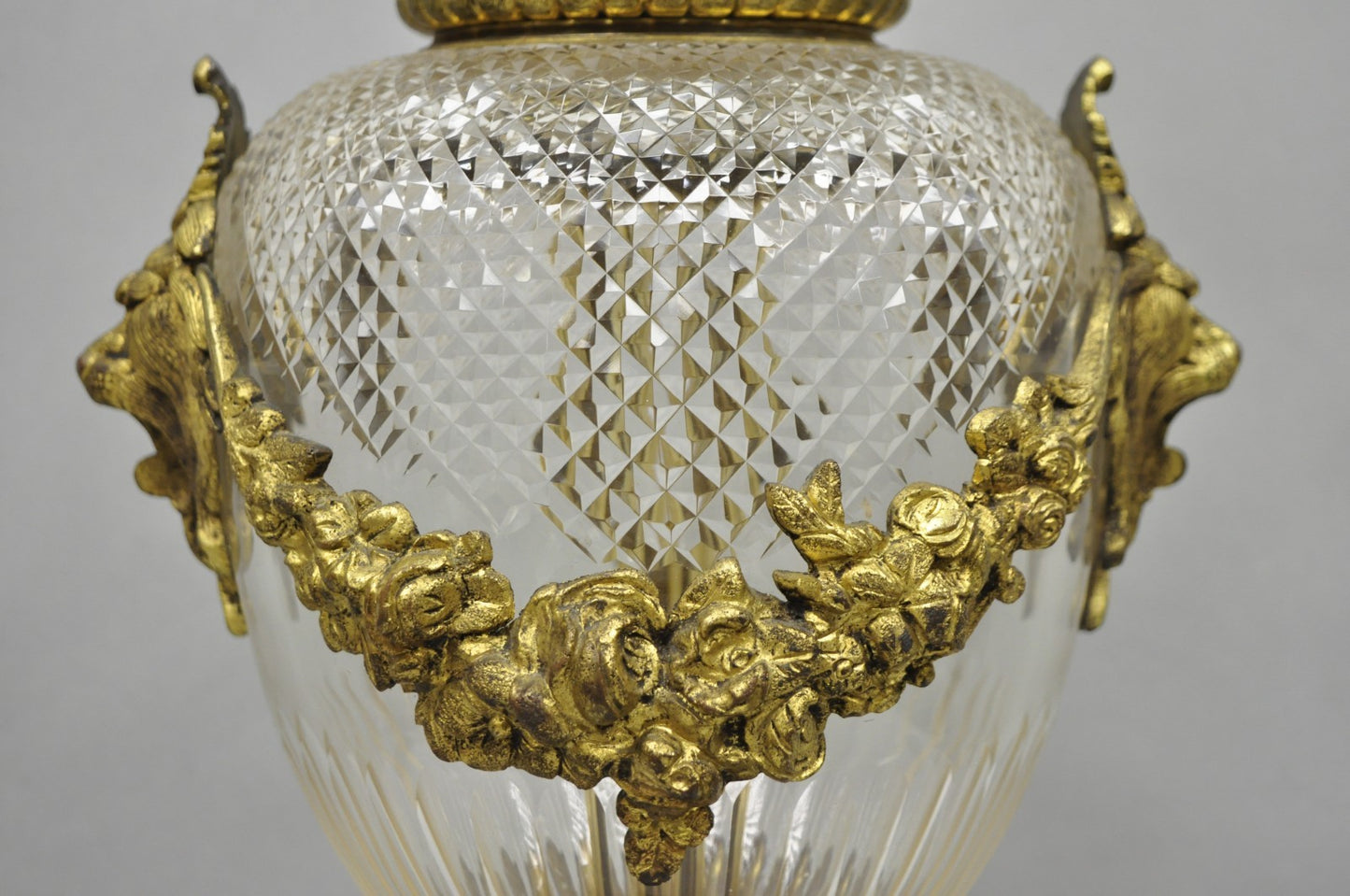 Antique French Neoclassical Bronze Lion Ormolu Diamond Cut Glass Urn Table Lamp